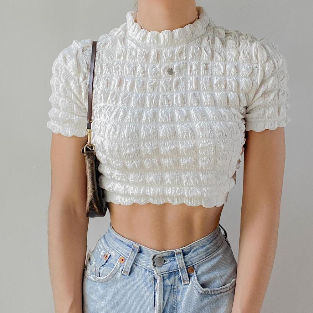 Urban Outfitters UO Paula Bubble Knit Top White Size S Mock Neck Textured Tee